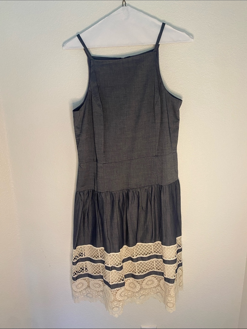 Ann Taylor Charcoal Midi Dress with Cream Lace Hem